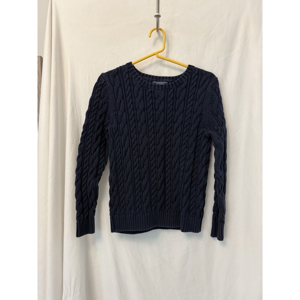 Lands End Womens M 10-12 Navy Blue Drifter Cable Knit Crewneck Sweater Pullover
